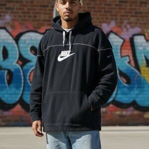 Vintage Nike Fleece Black X-Large Center Swoosh Spell Out Hooded Sweatshirt EUC